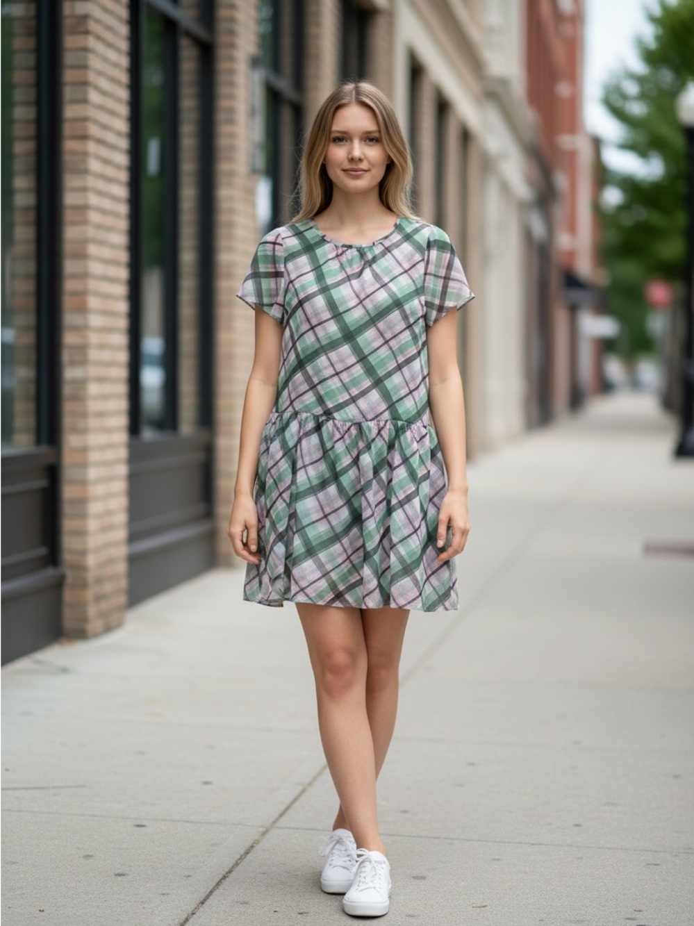 New Ann Taylor Green Pink Plaid Drop Waist Short Sleeve Dress Size 6